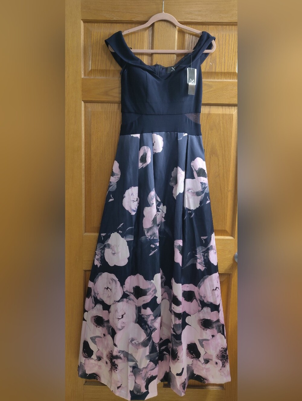 X By Xscape Navy Dress w/Pink Floral Print Size 8
